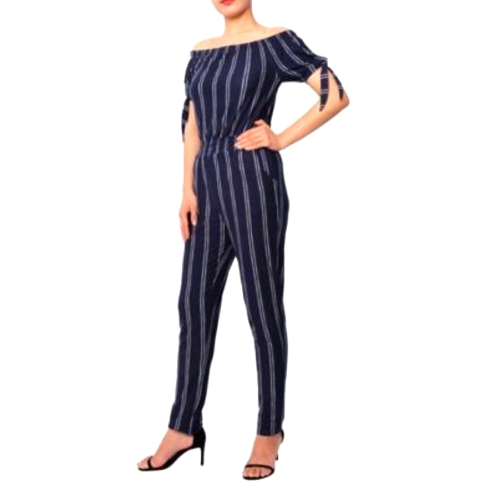 Derek Heart Striped Off Shoulder Tie-Sleeve Navy Jumpsuit Soft Jersey Size XL